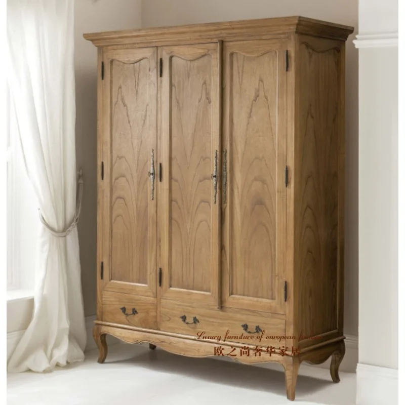 American solid wood oak wardrobe four doors double doors three doors opposite door wardrobe French retro simple home combination