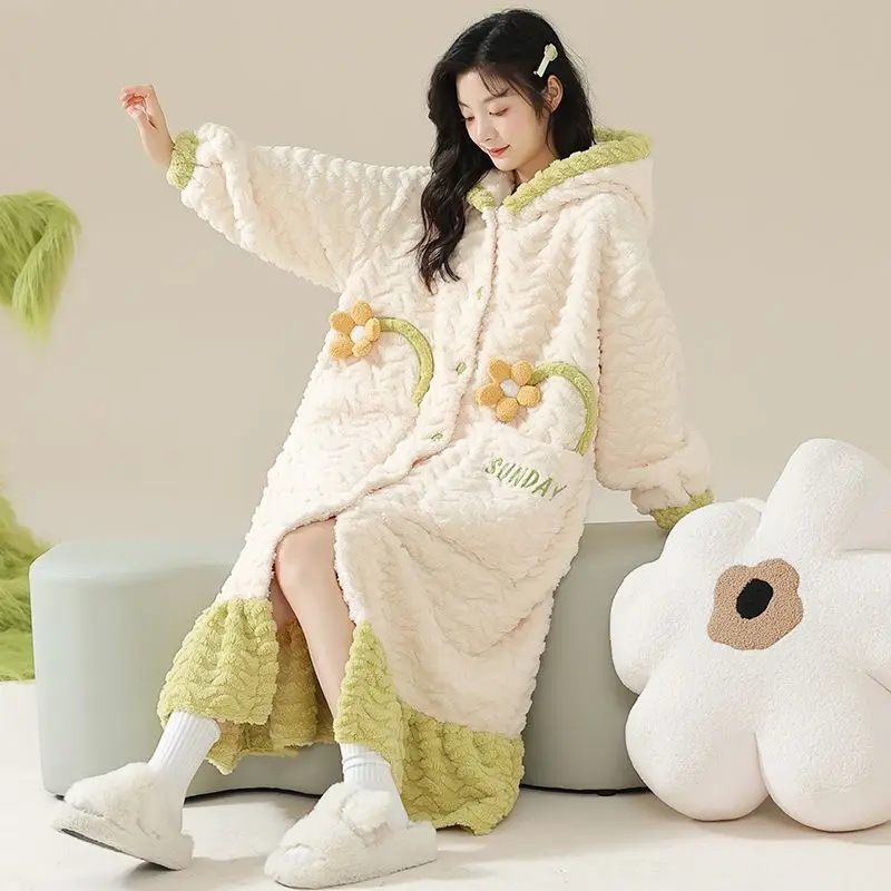 Big Size Sleepwear Flannel Robes Warm Bathrobe Women Long Sleeve Thick Loungewear Hooded Coral Fleece Cardigan Kawaii Clothes