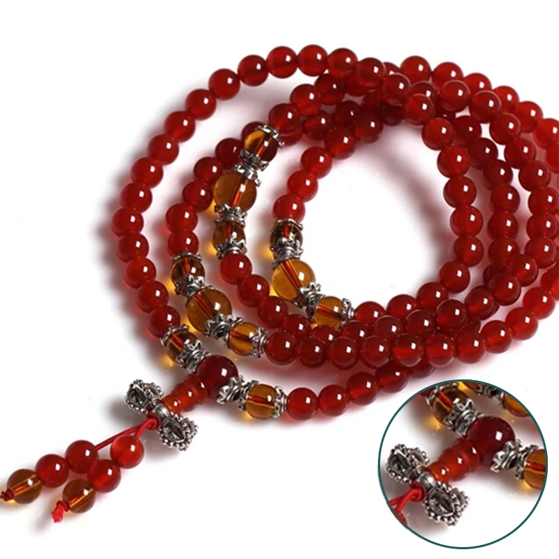 2 Set/Lot 6-10mm Natural Red/Black Beads 3 Hole Buddha Head Guru Spacer Bead for DIY Craft Handmade Gems Stone Bracelet Necklace