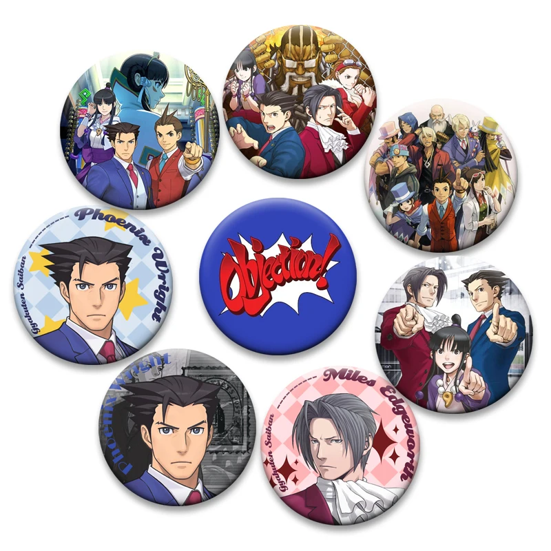 Anime Phoenix Wright Ace Attorney Trilogy Brooches Tinplate Pins for Backpack Accessories Maya Fey Miles Edgeworth Cartoon Badge