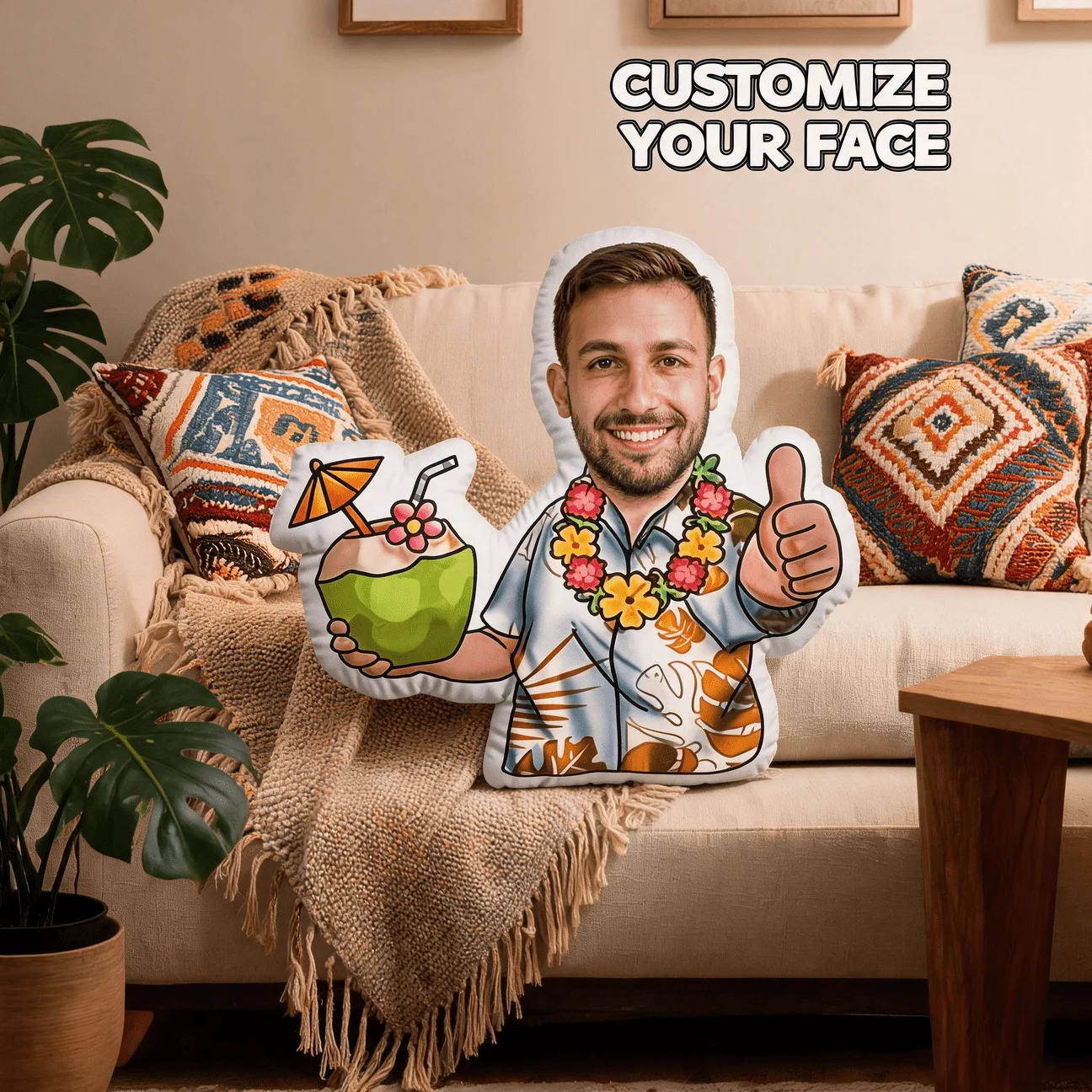 Custom Photo Shaped Pillow, Smiling Man in Hawaiian Shirt Holding Coconut Drink & Thumbs Up, Personalized Face Decorative Cushio