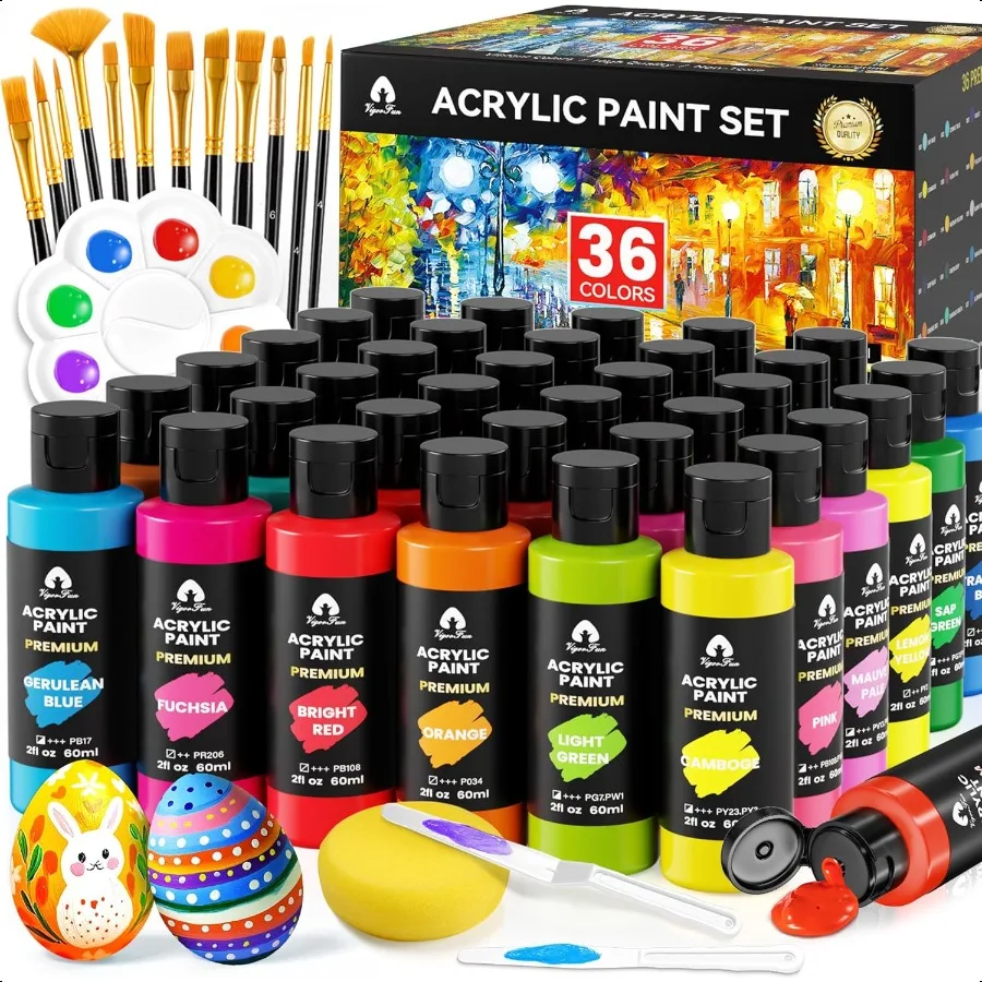

52 Pcs Acrylic Paint Set with 12 Brushes 2 Knives Palette 36 Colors 2oz 60ml for s Beginners Canvas Ceramic Rock Wood Egg Paint