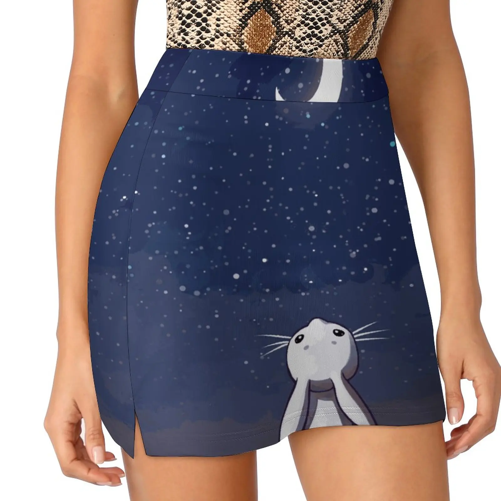 Moon Bunny Women's skirt Aesthetic skirts New Fashion Short Skirts Cute Little Bunny Rabbit Moon Stars Night Fantasy Animal