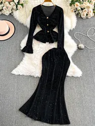 Elegant Black Skirt Suits for Women V-Neck Long Sleeve Casual Tops + High Waist Mermaid Skirt Two Pieces Set Female Outfits New