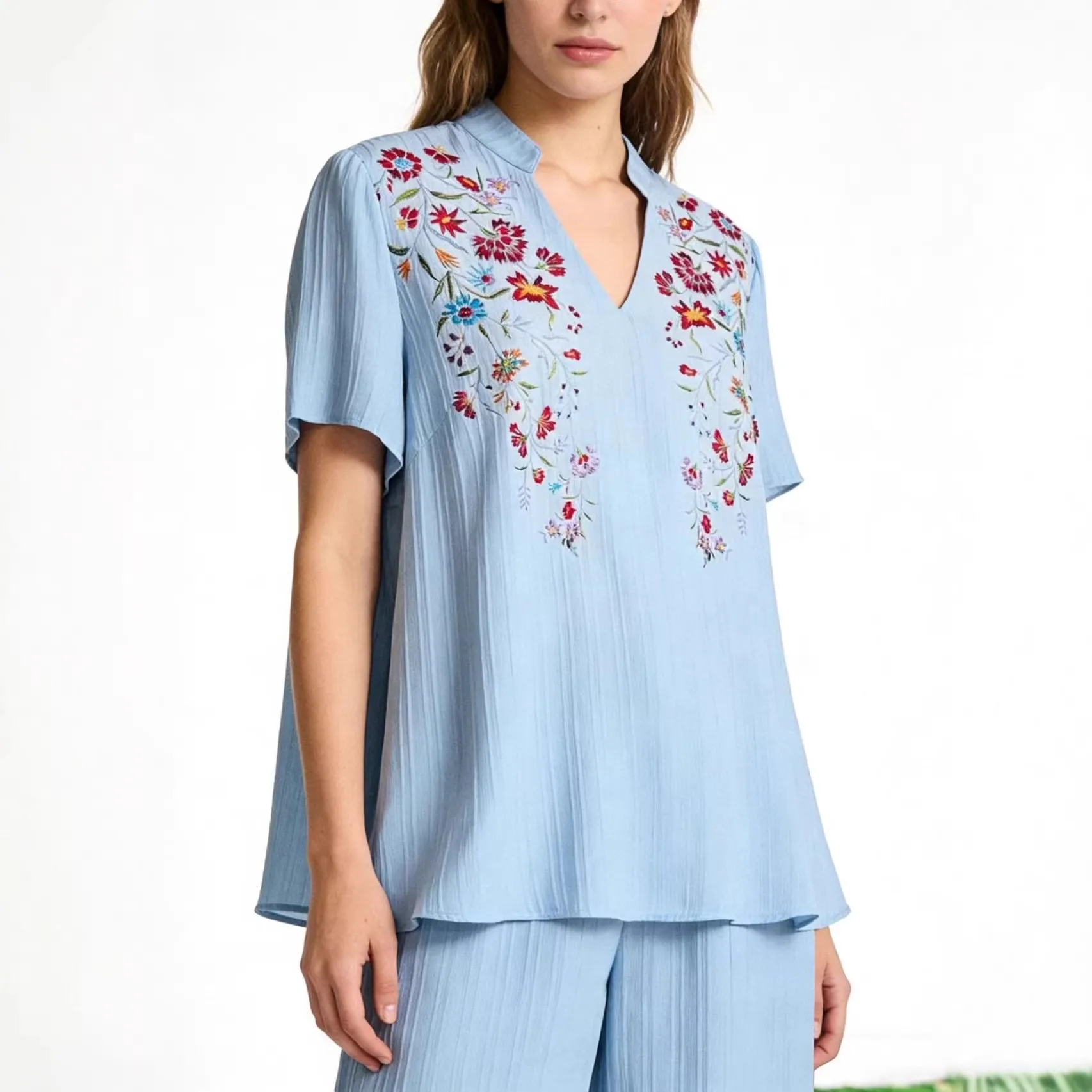 Casual V Neck Loose Fit Shirt with Bohemian Embroidery Short Sleeve Pull on No Stretch Regular Sleeve Summer Women Blouse