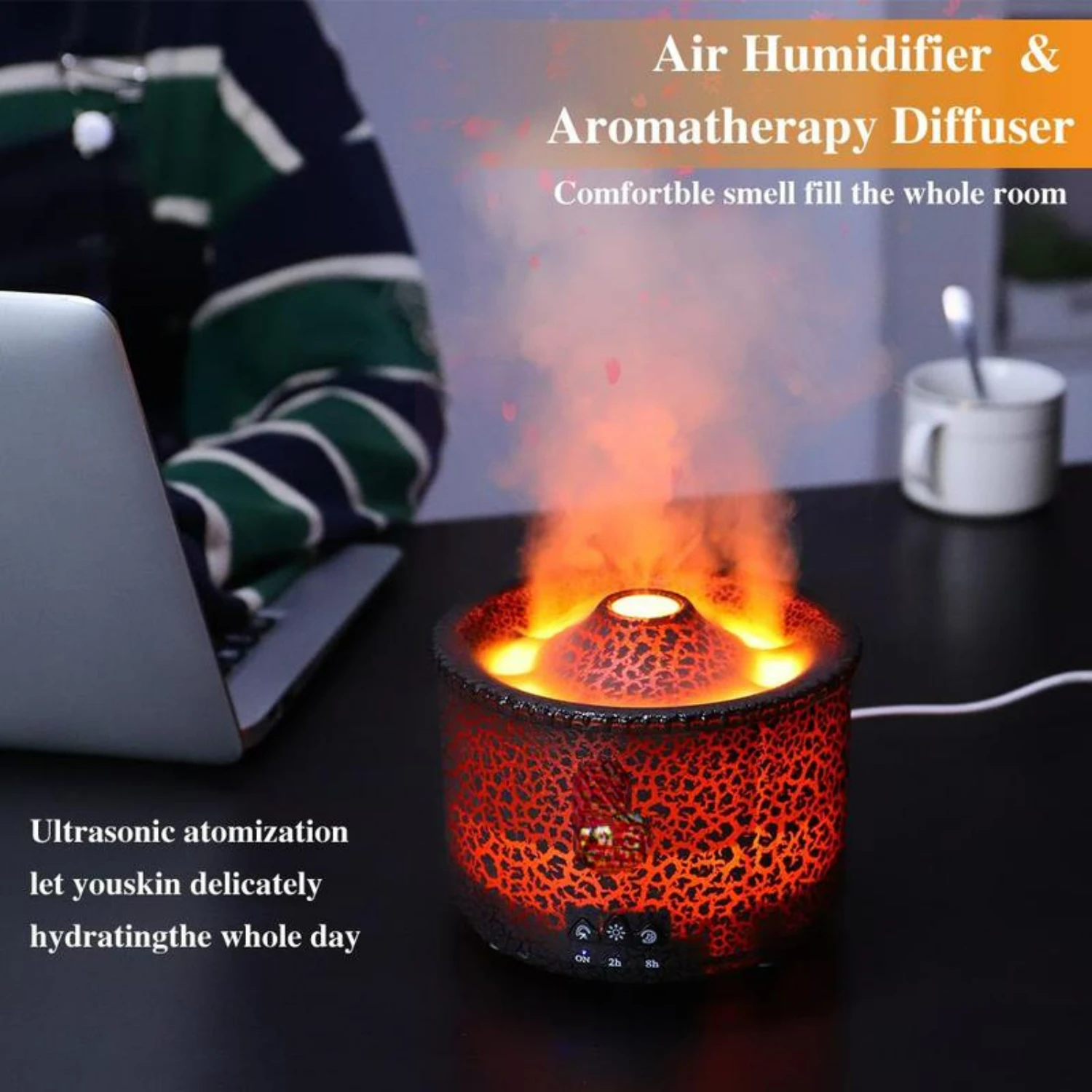 "High-capacity Air Humidifier with Essential Oil Diffuser & Realistic Flame Effects - Perfect for Bedroom Use"