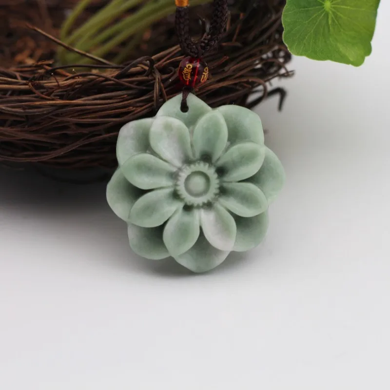 Chinese Natural White Green Jade Flower Pendant Necklace Hand-carved Fashion Charm Jewelry Stone Luxury Amulet Gifts for Women