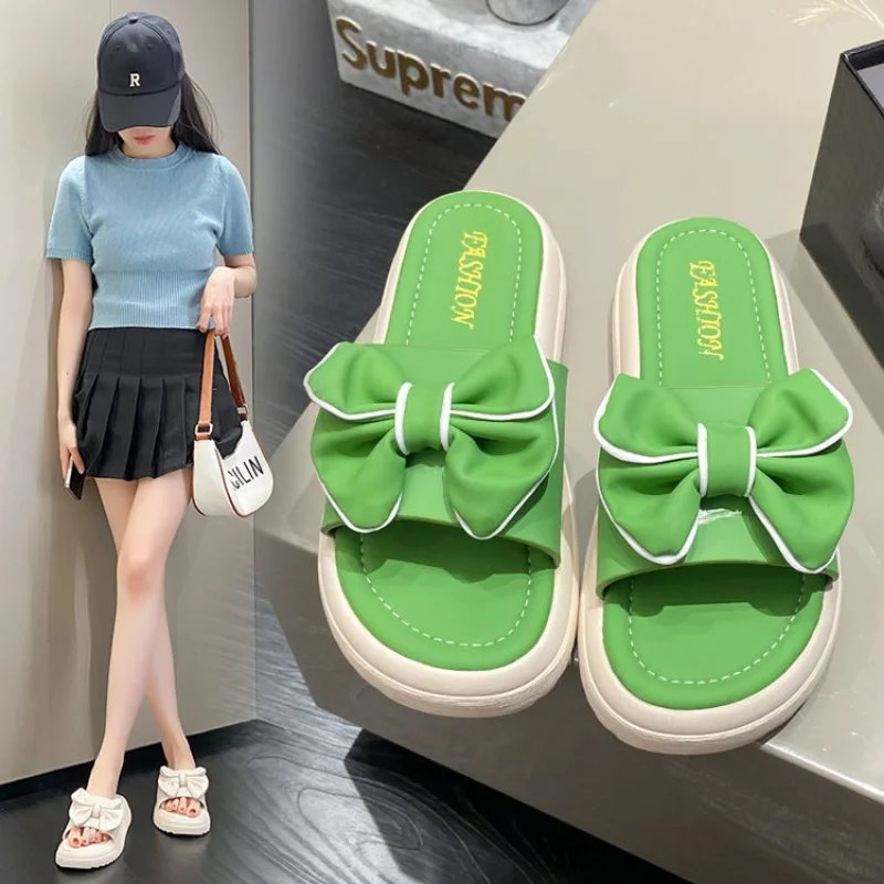 2023 Summer and Spring New Soft Sole Feet Treading Feel Home Leisure Slippers Bow Tie Slippers for Female Outwear Fairy Style