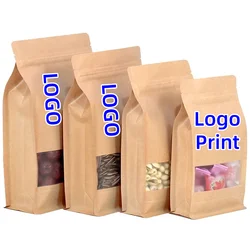 50pcs 3D Resealable Kraft Paper Window Ziplock Bag Heat Sealing Biscuit Nuts Spice Coffee Storage Printing Packaging Pouches