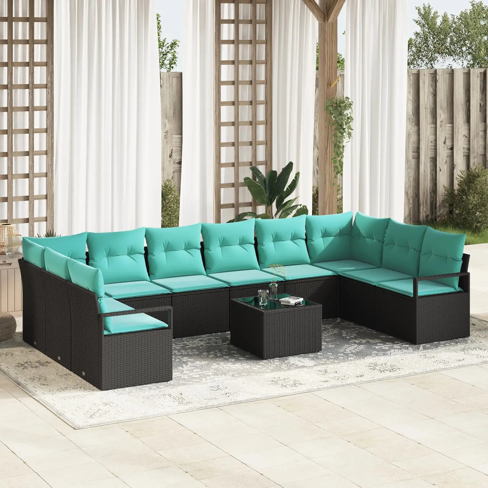 

11 Piece Black Poly Rattan Garden Sofa Set with Cushions Outdoor Furniture Stylish Modern Patio Seating