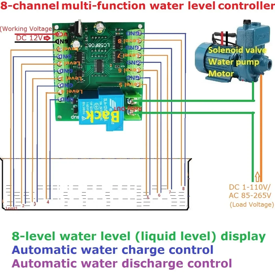 LC5BF08 Multi-function Water Level Pump Pour Display Controller 8 Levels DC12V 30A Liquid Sensor Automatic Control Relay Module