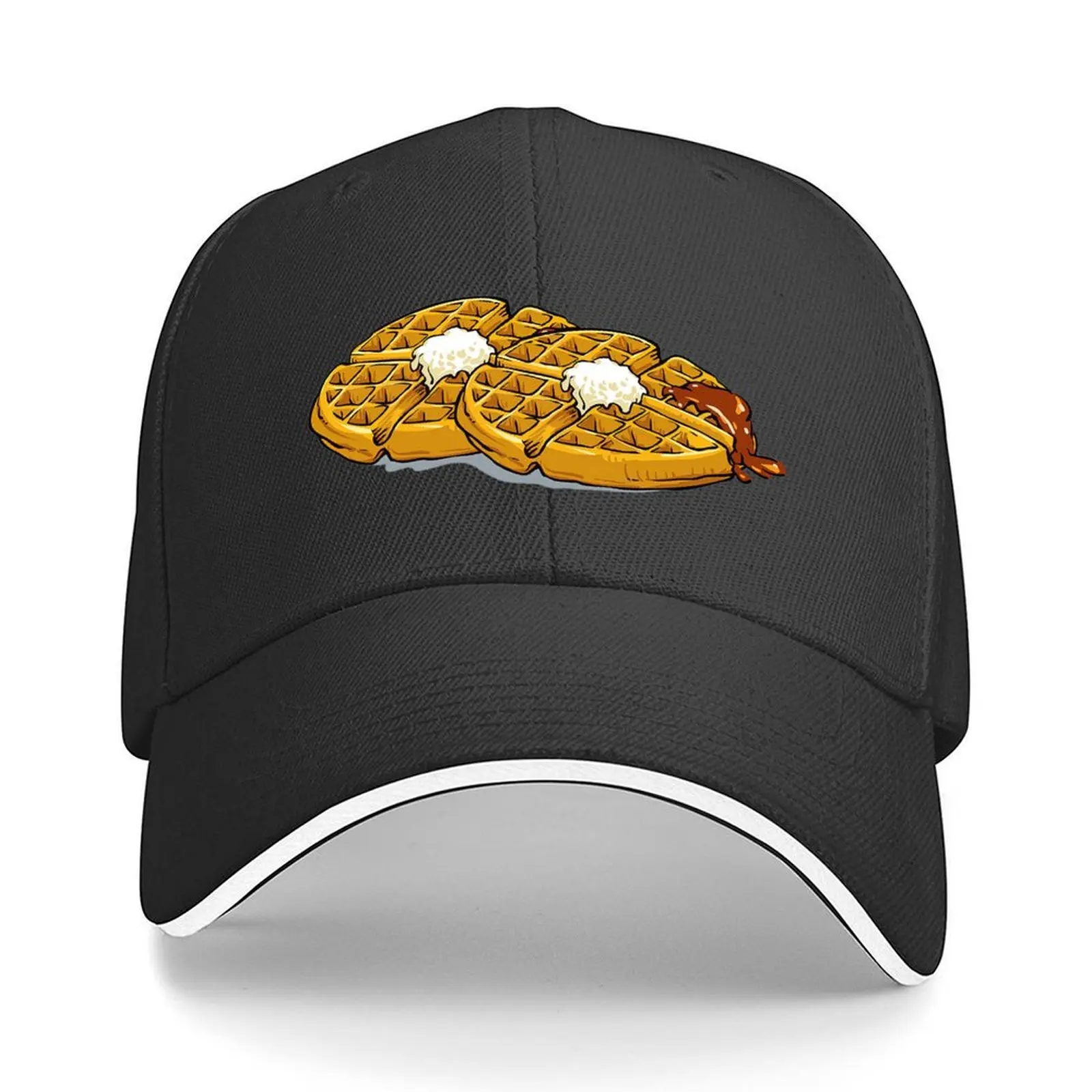 

Belgian Waffle with Chocolate, Belgian Waffle, poster with homemade pastry decorated strawberry jam and mint leaf. Baseball Cap