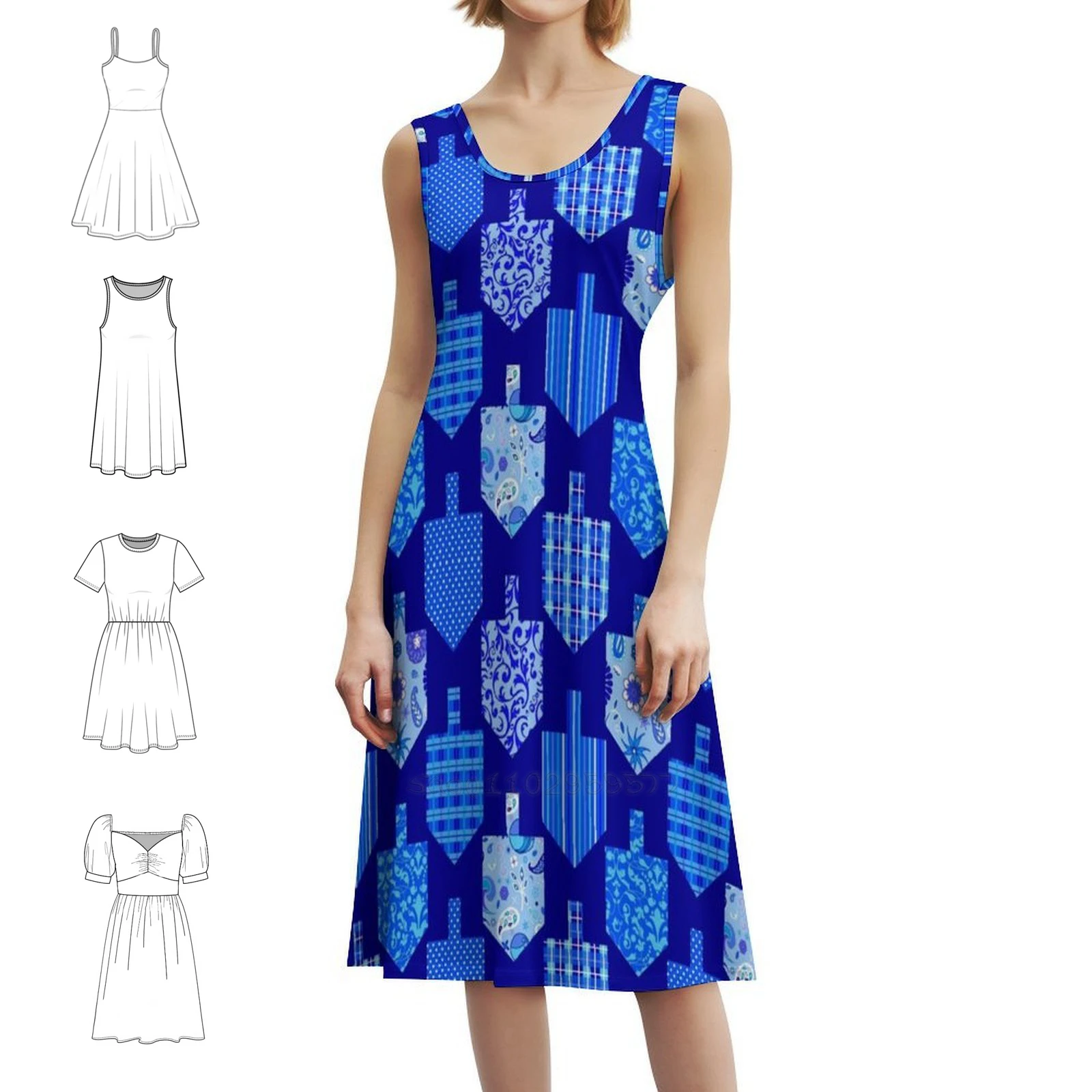 فستان Dreidels مزخرف باللون الأزرق البوهيمي بدون أكمام للنساء مطبوع فساتين حفلات الشاطئ Dreidel Hanukkah Chanukkah أنثى يهودية #1