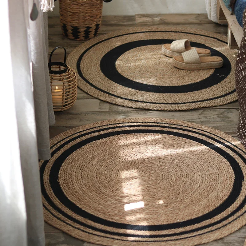 Vintage Grass Woven Round Mat Natural Cotton Rope Carpet for Coffee Table Japanese Bedroom Carpet Decorative Pad for Photo Prop