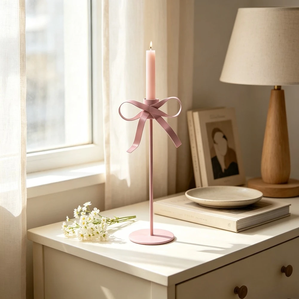 Romantic Bow Shape Iron Candlestick Holder Matte Red Pink Black Metal Candle Stand for Dining Table Bedroom Holiday Decoration