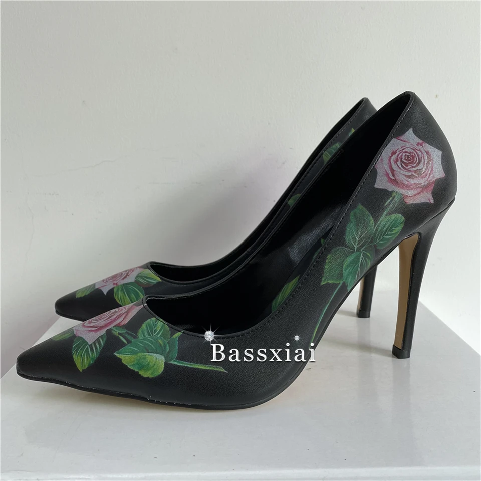 Print Rose Flower Real Leather Dress Shoes Woman 10cm Thin High Heels Point Toe Crystal Rhinestone Buckle Spring Women Pumps