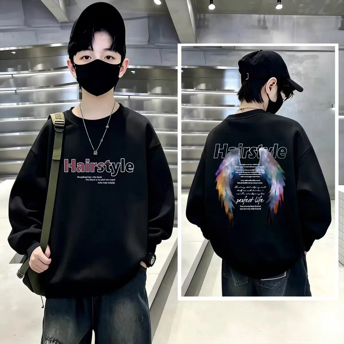 Boys Crew Neck Sweatshirt Colorful Wing Letter Print Kids Casual Loose Long Sleeve Pullover Top