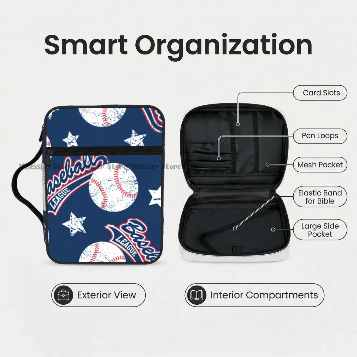 Bible Cover Carrying Book Case Church Bag Baseball Stars Bible Protective with Handle Zipper Pocket Tablet Handbag view 5