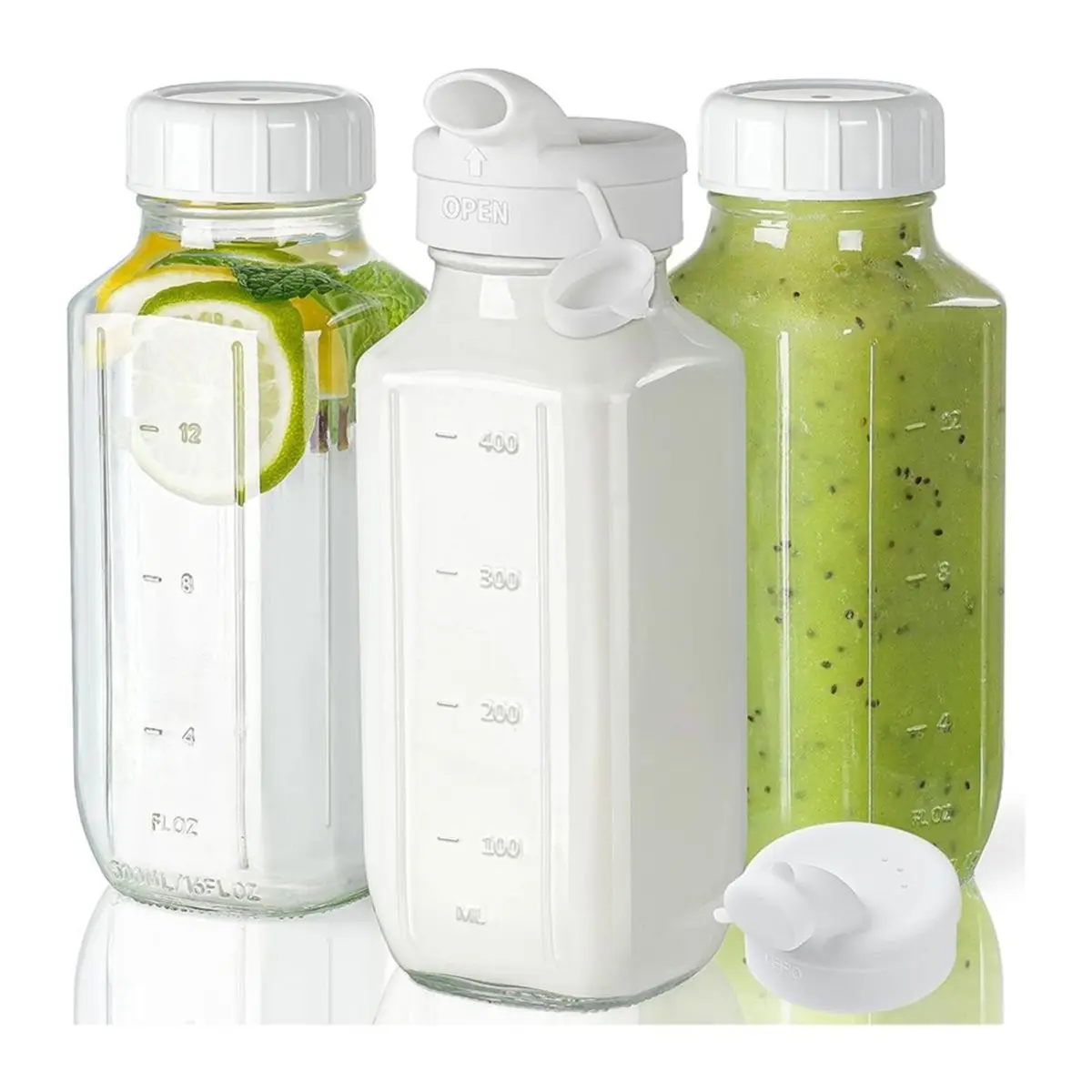 Utility Design Glass Juice Bottles with Lids, 4 Pack Clear Glass Water Bottles W 2 Pour Spouts, 16 Oz Reusable Milk Jug