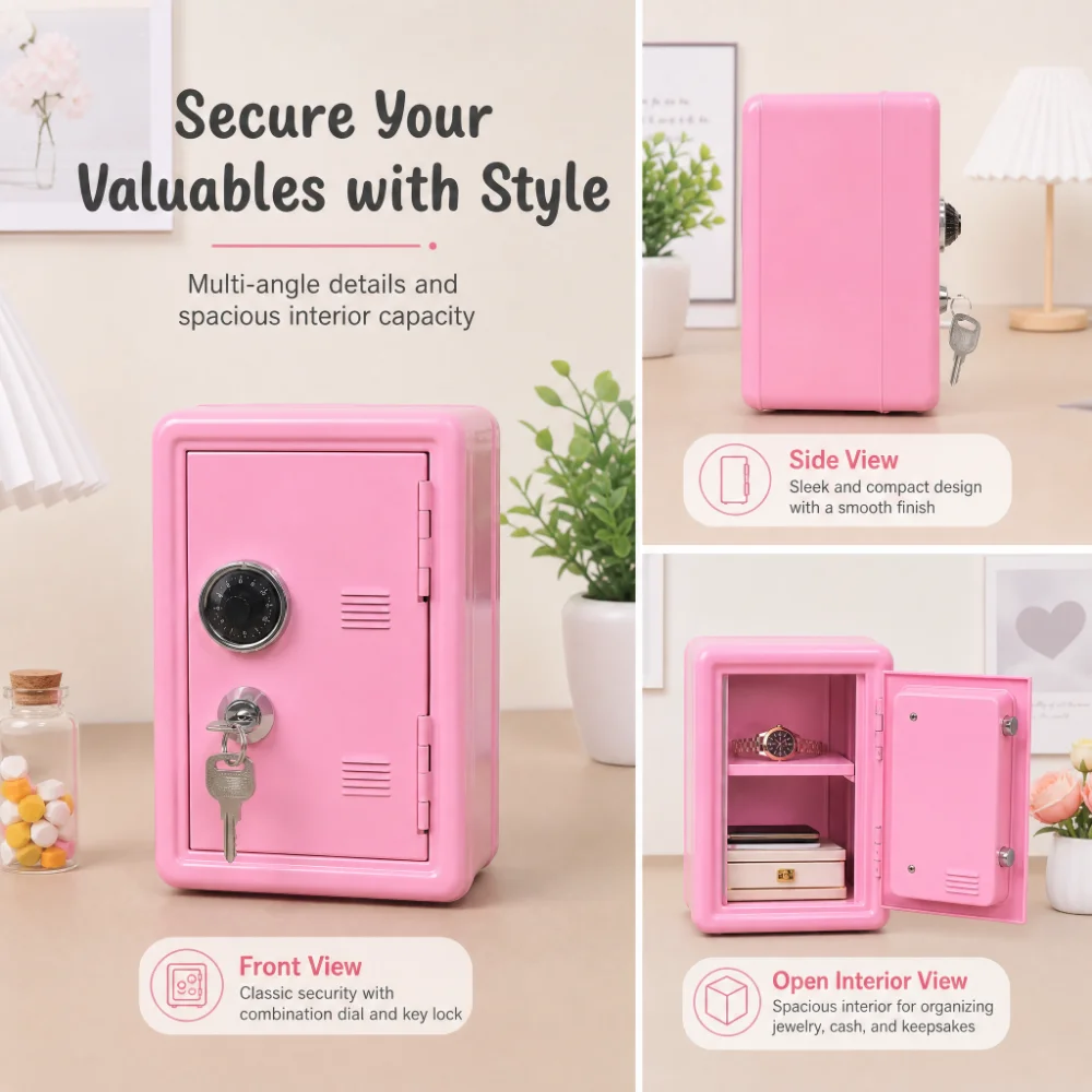 Home Mini Safe - Small Lockable Storage Box With Combo & Key, Protects Valuables, Cash, Documents & Personal Jewelry