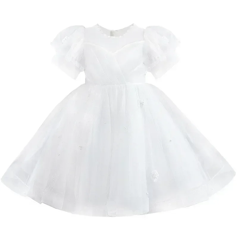 Vestido de princesa de malha branca infantil, vestido fofo para meninas, verão, novo, 2024