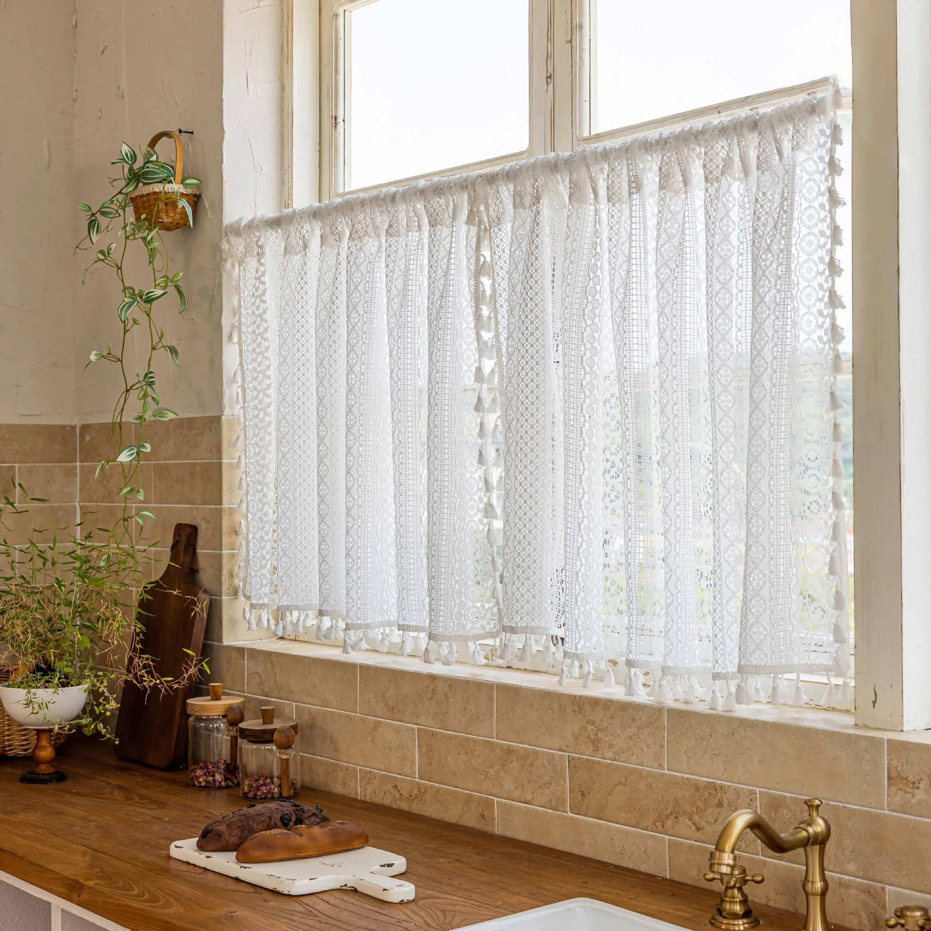 Lace Curtain for Kitchen Cafe,Short Boho Sheer Lace Crochet Curtain with Tassels for Dinning Room, Vintage Chic Home Decor