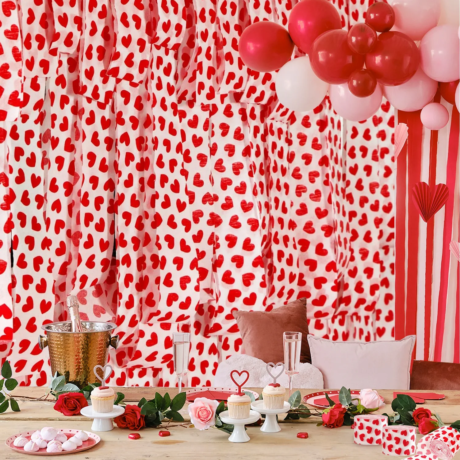 25M Valentines Day Red Crepe Paper Ribbon Roll Heart Pattern Garland Streamers Pendant Wedding Anniversary Celebration Decor