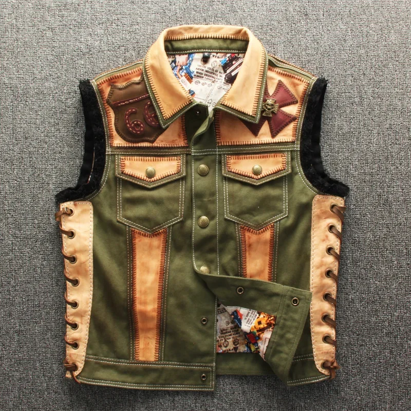 

Vintage Mens Patchwork Motorcycle Biker Vest Horse skin + canvas Punk Rock Waistcoat Patch Horsehide Leather Sleeveless Jacket