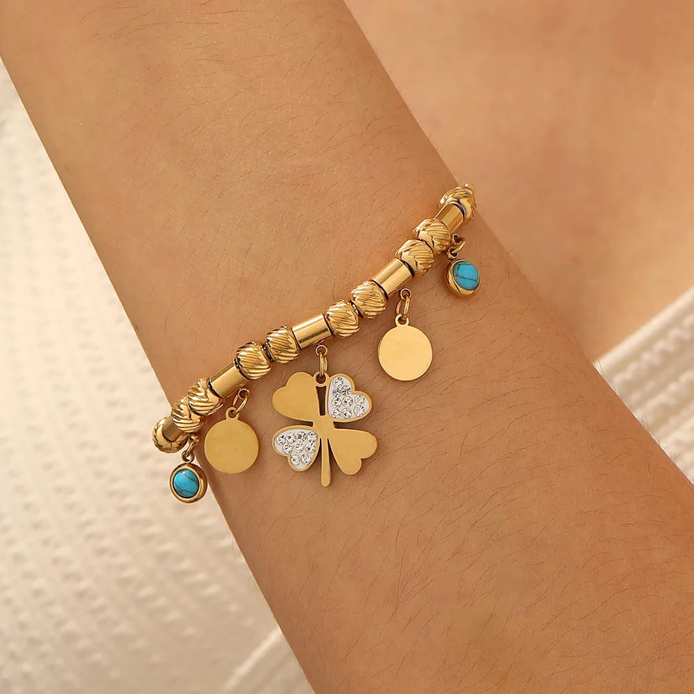 

Heart-shaped four-leaf clover rhinestone-encrusted versatile round globe pendant flower bracelet for women