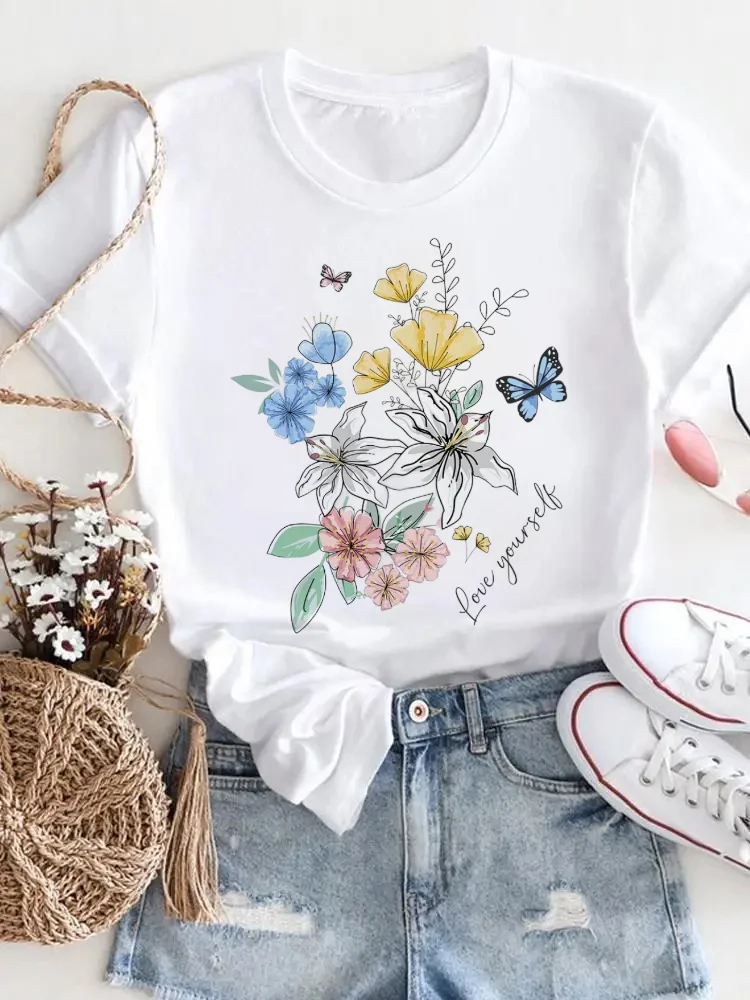 

Casual Printed Butterfly Flower Pattern T-Shirt Printed Top Round Neck Style Women's Cute Short Sleeve Summer New Basic T-Shirt