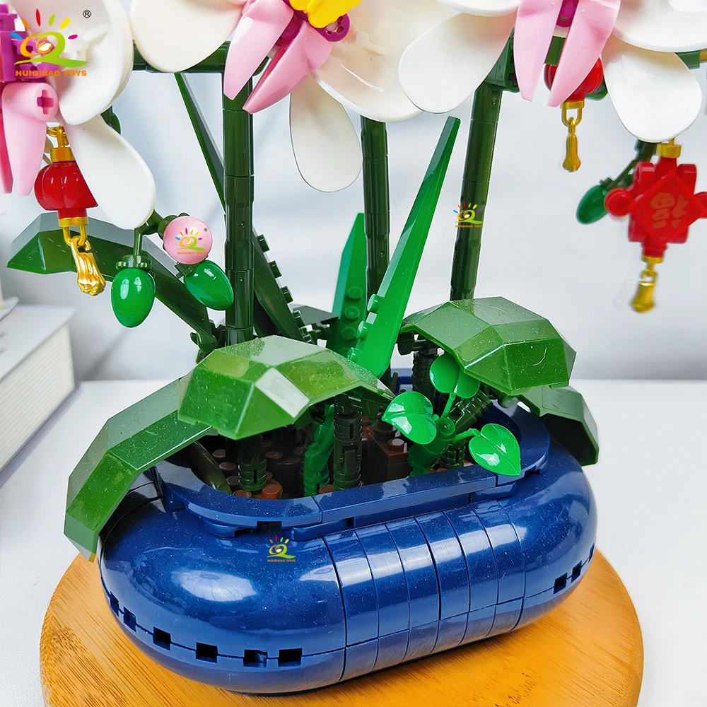 HUIQIBAO 587 قطعة MOC زهرة الأوركيد بوعاء سلسلة اللبنات باقة نموذج الطوب مجموعة لعبة للأطفال مكتب ديكور المنزل