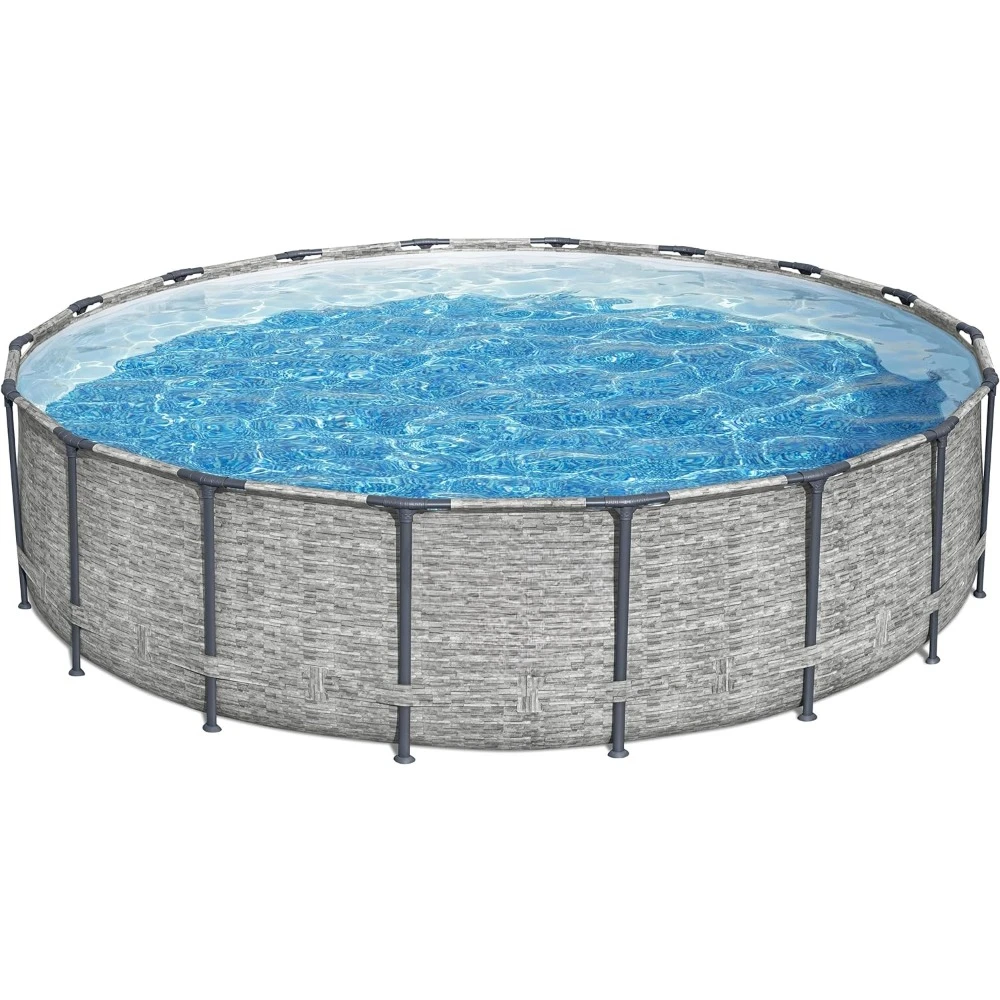 

Round Above Ground Pool Set | Frame Pool Features Realistic Stone Print Liner | Includes 1500gal Filter Pump，18’ X 48”