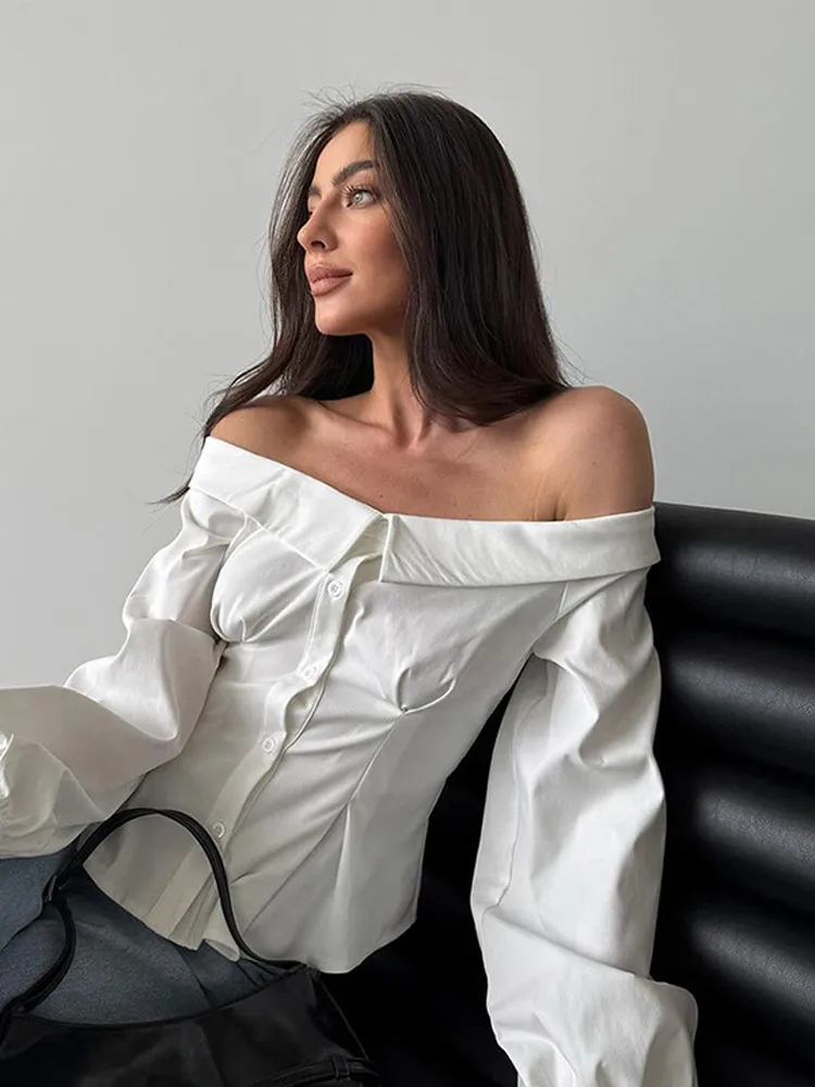 Women White Off Shoulder Lantern Sleeve Blouse Slash Neck Ruched Long Sleeves Shirt 2025 Spring New Female Commuting Streetwear