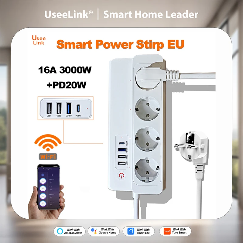 UseeLink Smart Power Strip EU Type C PD20W 3 USB  Wifi Plug Tuya Smart Life  Electrical Socket  Support Alexa Google Assistant