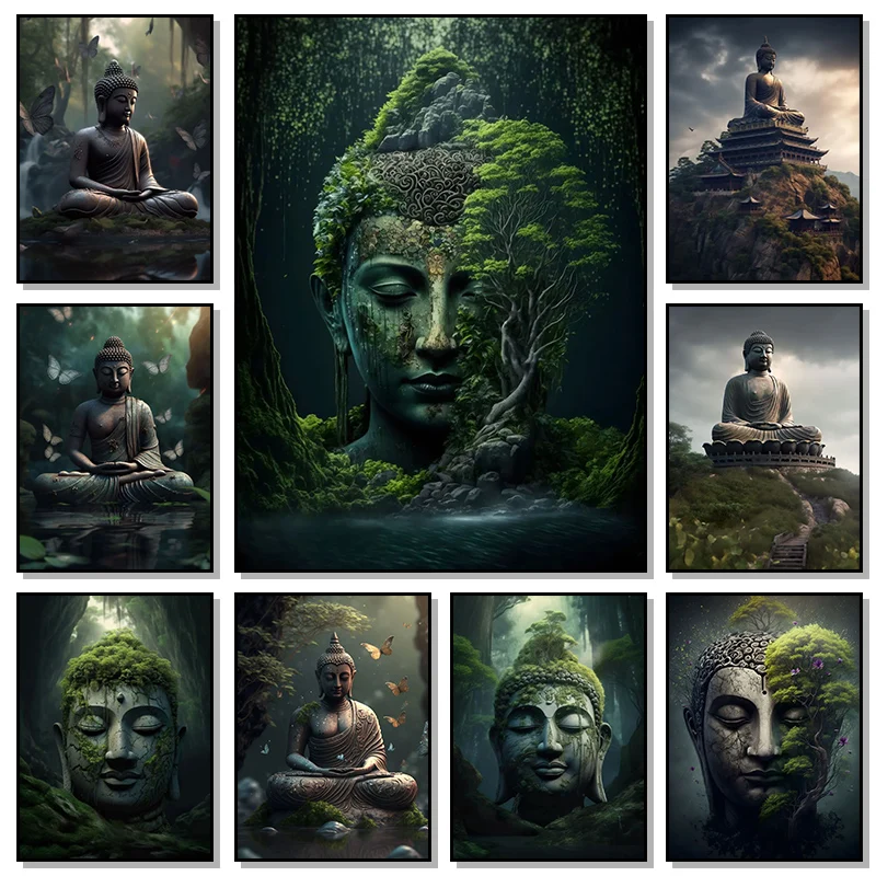 Buddhism Zen Religion Meditation Poster Canvas Painting and Print Wall Art Buddha In Nature Abstract Picture For Room Home De
