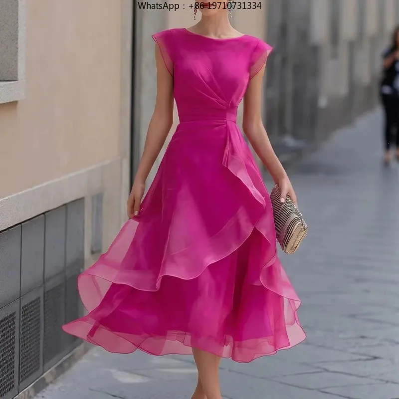 Women Organza A Line Dress O Neck Ruffle Layer Slim Waist Solid Summer Wedding Guest Party Dress