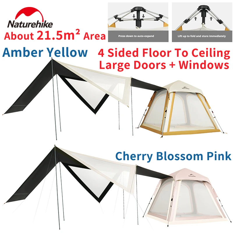 

Naturehike Ango Автоматическая палатка 3S Быстрое открытие с четырехсторонней от пола до потолка Большие двери Окна Прочная алюминиевая опора для столба
