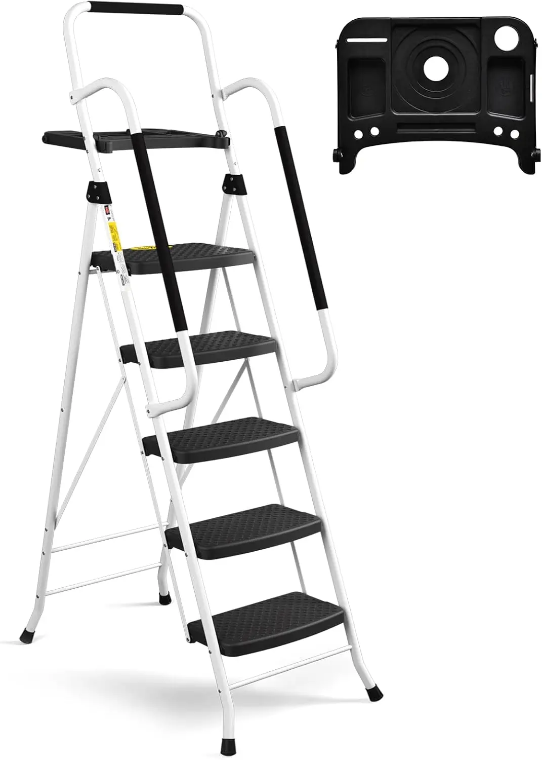 5 Step Ladder with Handrails, Folding Step Stool with Tool Platform, Sturdy& Portable Steel Ladder for Adults, 330LBS Ca