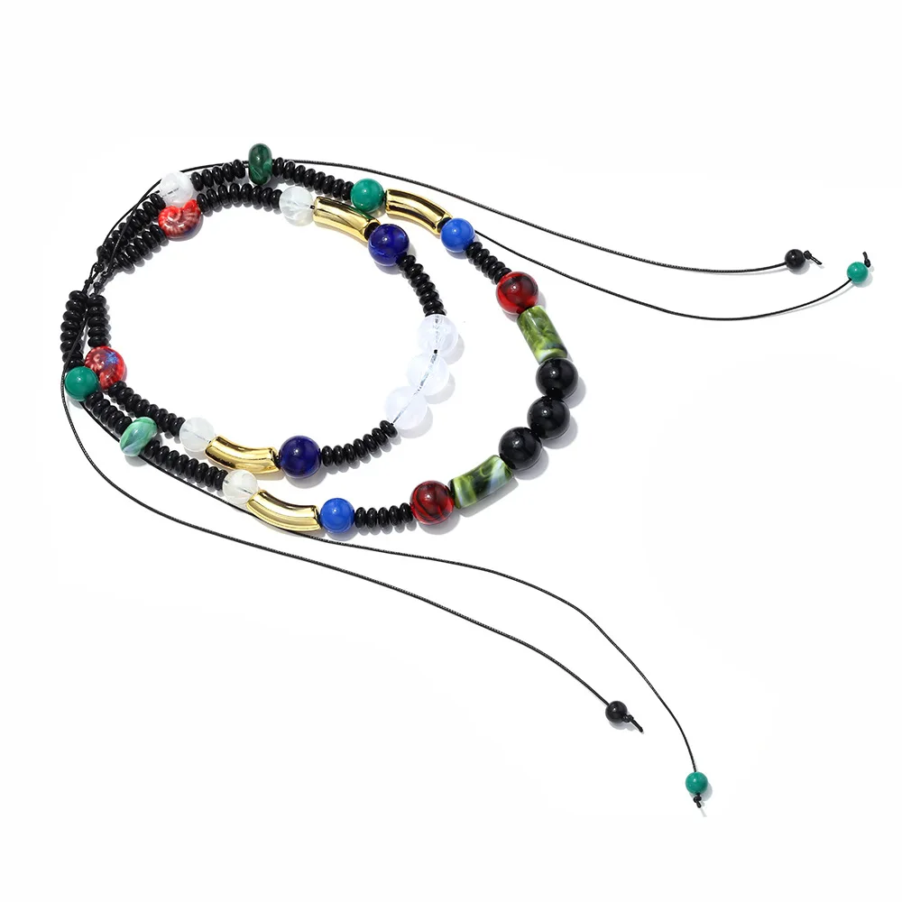Vintage Ceramic Metal Tube Bead Splicing Adjustable Drawstring Necklace