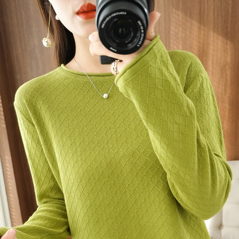 Women 100% Cotton Sweater Curled Round Neck Knitted Pullover Diamond Grid Soft Clothing Long Sleeve Bottoming Tops Autumn Winter