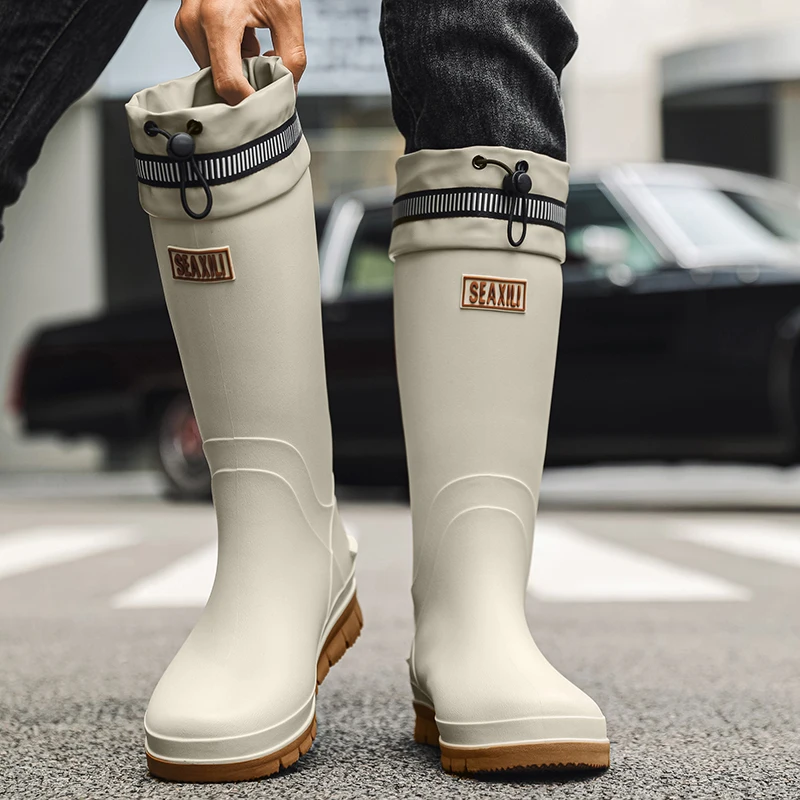 

German Sle Men's Rain Boots Waterproof Traction Cord Closure Lightweight Work Boots Flat Heel All-Season Rubber oes