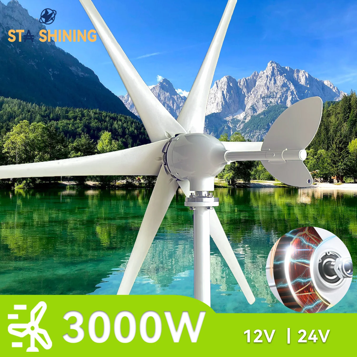 

【Higher-Output】Horizontal Wind Turbine Generator 3000W Windmill w/MPPT Charger/Hybrid Solar Wind Power System, Home Use 6 Blades