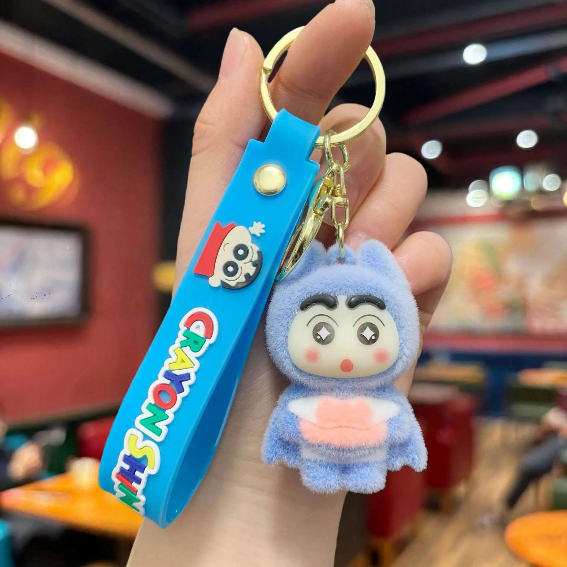 

New model Crayon Shin-chan Keychain Cute Creativity Flocking Modeling Schoolbag Portable Keychain Reward Gifts