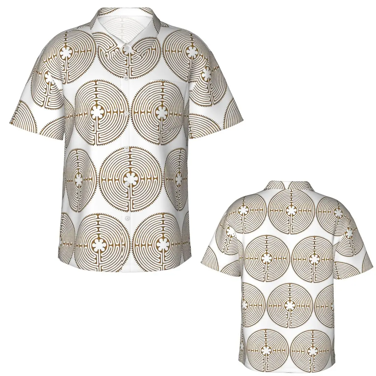 Symbol Chartres Labyrinth Metal Gold Antique Style Hawaiian Shirts Men Short Sleeve Shirt for Summer Beach Men's Lapel Tops