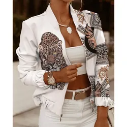 2024 New Fashion Women Jackets Slim Short Coats Spring Autumn Vintage Print Long Sleeve Zipper Jacket Casual Outerwear Female