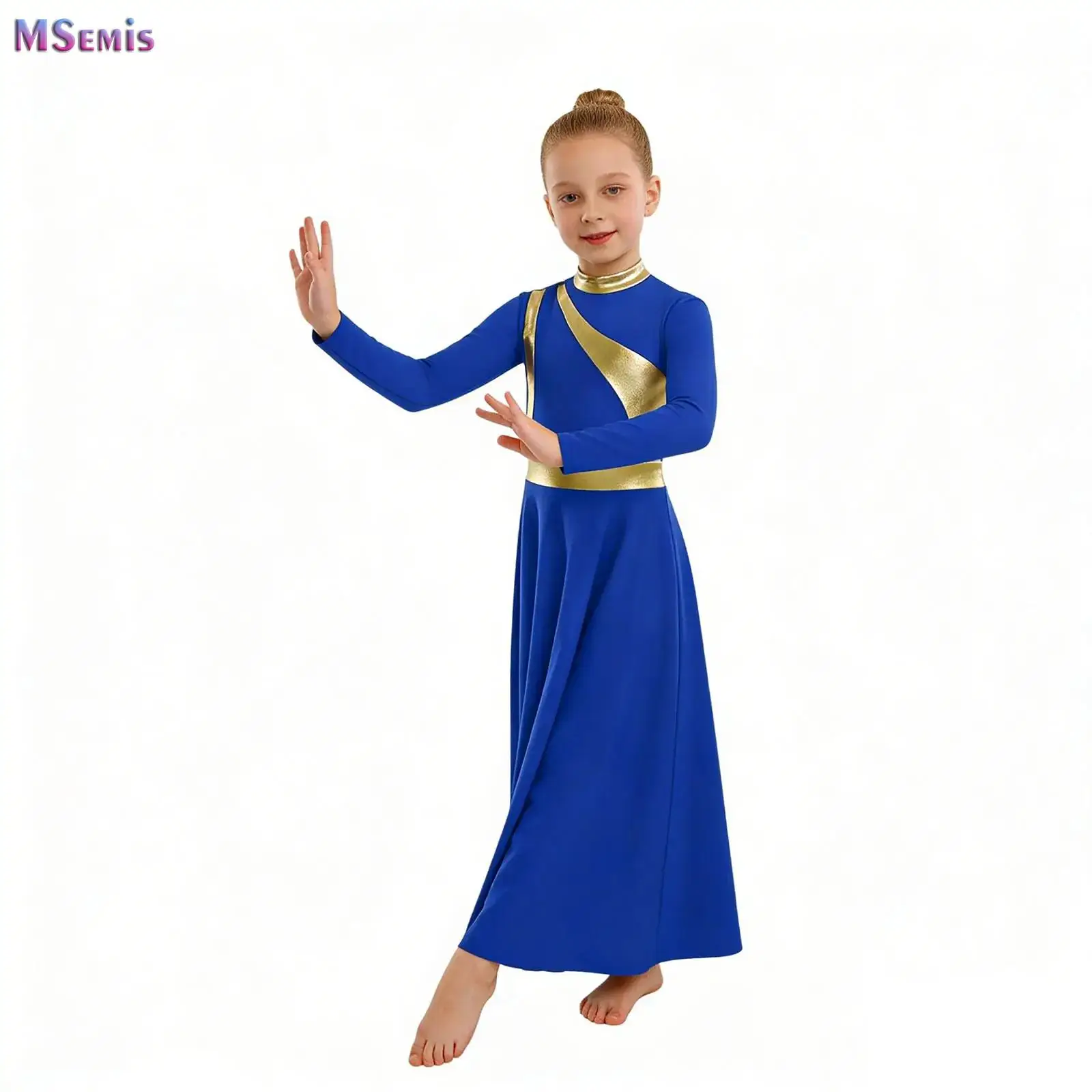 

Kids Girls Metallic Church Worship Choir Robe Ballet Lyrical Praise Dance Long Dress Liturgical Color Block Dresses Dancewear