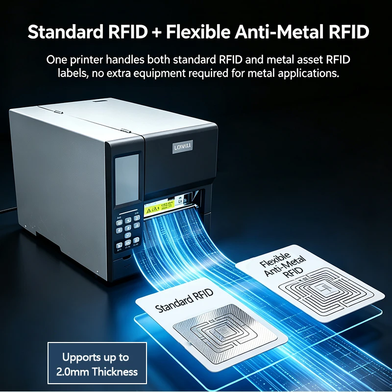 LONVILL RFID Printers Multi-Language ZPL EPL TSPL Industrial Thermal Printer with Optional Cutter for Flexible Anti-Metal Tag
