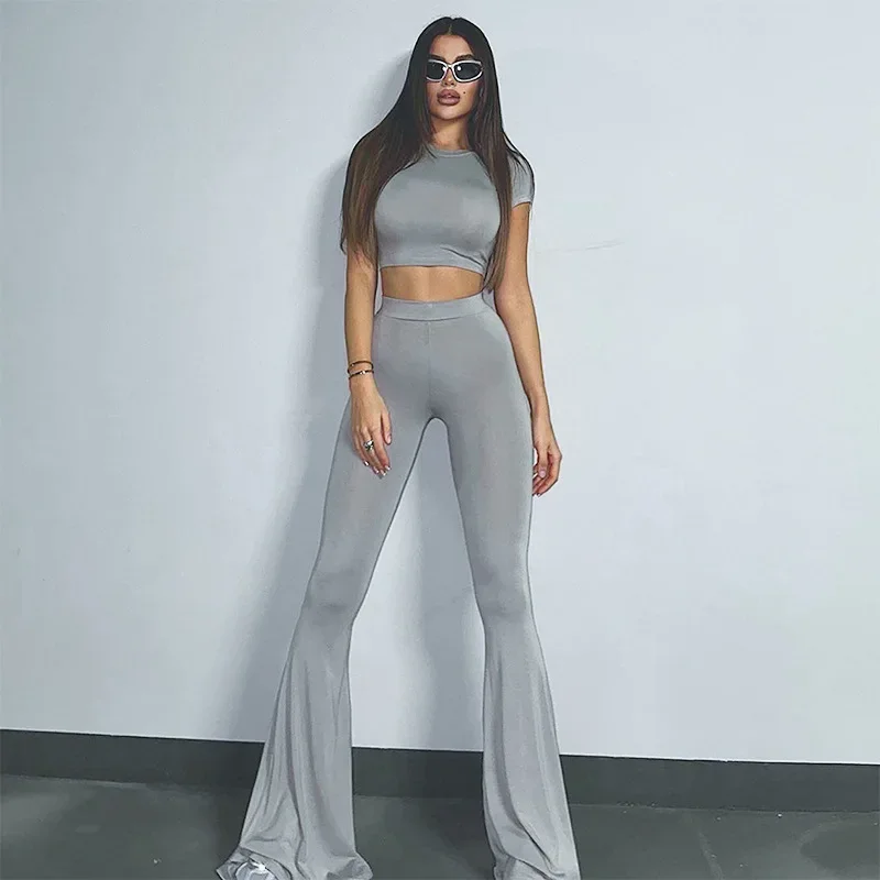 

Summer Matching Set Women Two Piece Pants Sets Women Outfit Navel Exposed Sexy Short Sleeve Top and High-waisted Flared Trousers