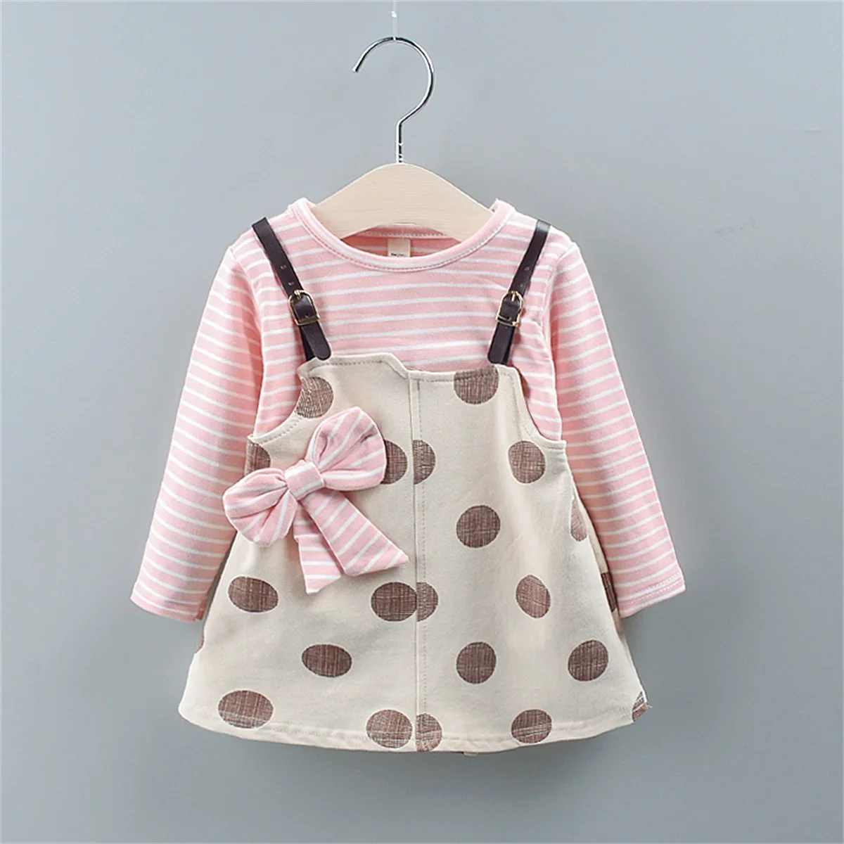 Spot Girls Dress Autumn Children Wear New Fashion Polka Dot Print Bow Long Sleeve Fake Two-piece Children\'s Skirt