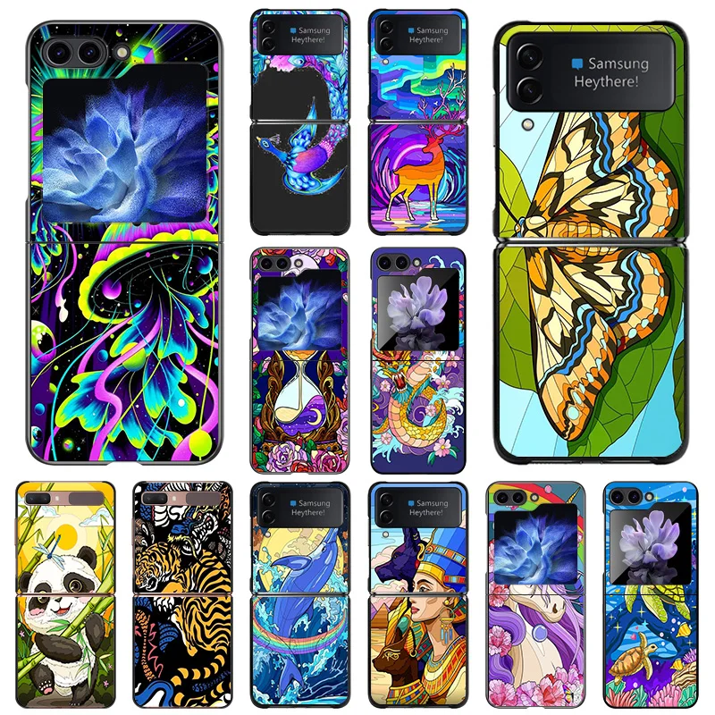 For Samsung Galaxy Z Flip6 Flip5 Flip3 Flip4 Abstract Hourglass Panda Dragon Hard Black Shockproof ZFlip6 Phone Shell Case Cover